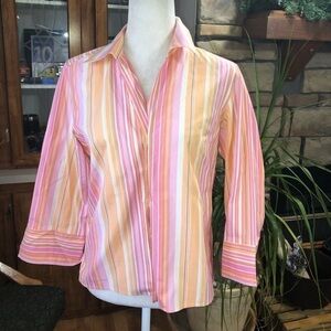TALBOTS SIZE 6 MULTICOLORED PINK BUTTON UP BLOUSE 3/4 SLEEVES WRINKLE RESISTANT